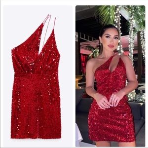 Zara red sequin asymmetrical dress small